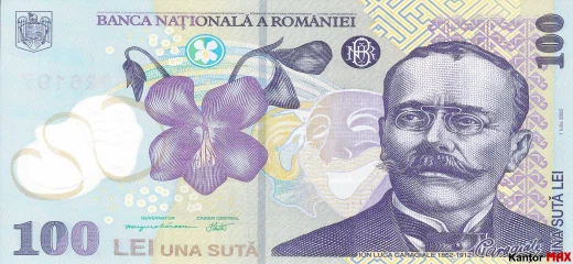 Przód banknotu 100 lei rumuńskich edycja 2005 roku