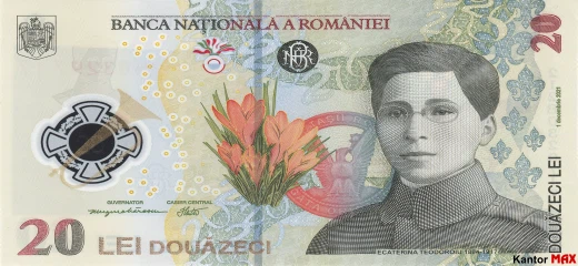 Przód banknotu 20 lei rumuńskich edycja 2021 roku