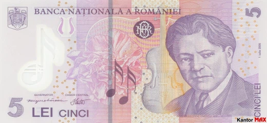 Przód banknotu 5 lei rumuńskich 2005 r.