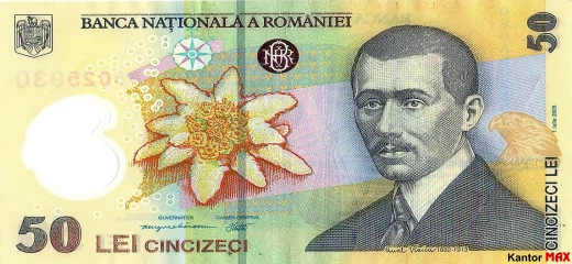 Przód banknotu 50 lei rumuńskich edycja 2005 roku