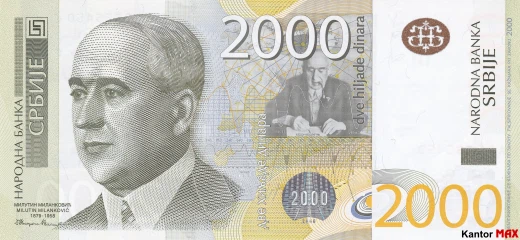 Przód 2000 dinarów serbskich z 2011-2012 roku