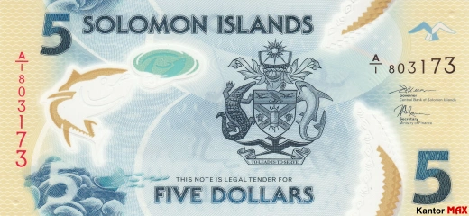 Przód banknotu 5 dolarów Wysp Salomona edycja 2019 rok