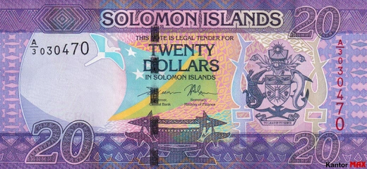Przód banknotu 20 dolarów Wysp Salomona edycja 2017 rok