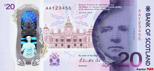 Przód banknotu polimerowego 20 funtów szkockich : seria Mosty