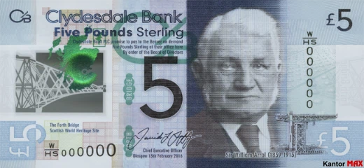 Przód banknotu polimerowego 5 funtów szkockich : seria Światowe dziedzictwo
