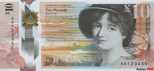 Przód banknotu 10 funtów szkockich : seria Tkanina Natury