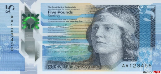 Przód banknotu 5 funtów szkockich : seria Tkanina Natury