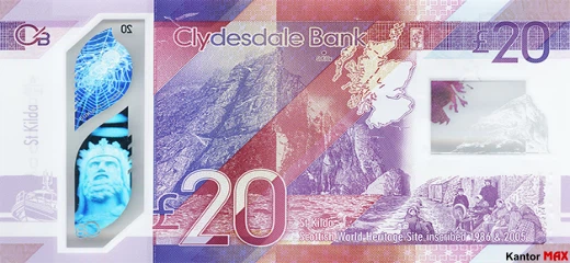 Tył banknotu polimerowego 20 funtów szkockich : seria Światowe dziedzictwo