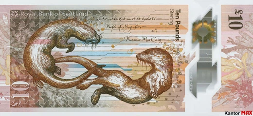 Tył banknotu 10 funtów szkockich : seria Tkanina Natury