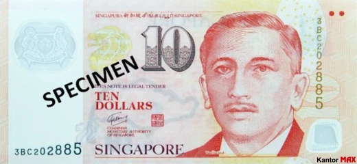 Przód banknotu 10 dolarów singapurskich seria 4