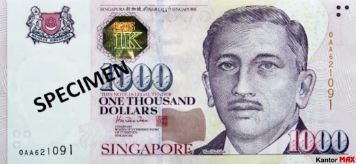 Przód banknotu 1000 dolarów singapurskich seria 4