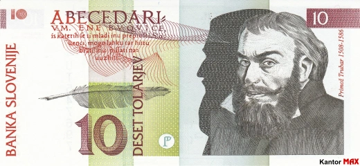 Przód wycofanego banknotu 10 tolarów z 1992 roku