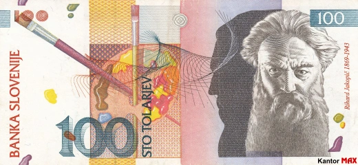 Przód wycofanego banknotu 100 tolarów słoweńskich emisja 1992-2003 rok