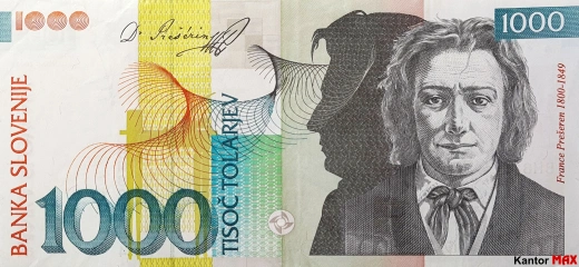 Przód wycofanego banknotu 1000 tolarów emisja 1992-2005 rok