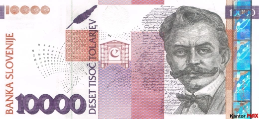 Przód wycofanego banknotu 10.000 tolarów słoweńskich edycja 2000-2004 rok