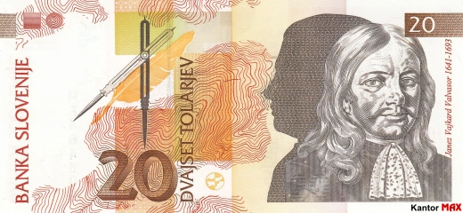 Przód wycofanego banknotu 20 tolarów słoweńskich edycja z 1992 roku