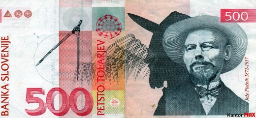 Przód wycofanego banknotu 500 tolarów słoweńskich emisja 1992-2005 rok