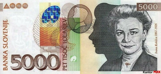 Przód wycofanego banknotu 5000 tolarów słoweńskich edycja 1993 rok