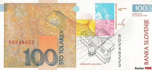 Tył wycofanego banknotu 100 tolarów słoweńskich emisja 1992-2003 rok