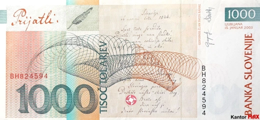 Tył wycofanego banknotu 1000 tolarów emisja 1992-2005 rok
