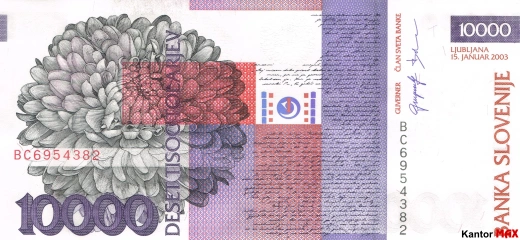 Tył wycofanego banknotu 10.000 tolarów słoweńskich edycja 2000-2004 rok