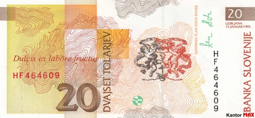 Tył wycofanego banknotu 20 tolarów słoweńskich edycja z 1992 roku