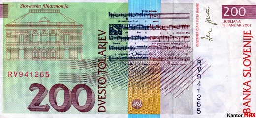 Tył wycofanego banknotu 200 tolarów słoweńskich emisja 1992-2004 rok