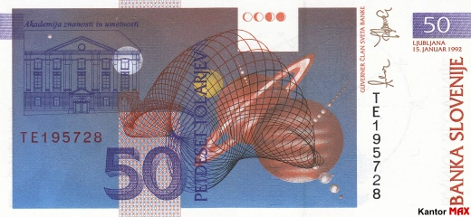 Tył wycofanego 50 tolarowego banknotu edycja z 1992 roku
