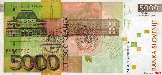 Tył wycofanego banknotu 5000 tolarów słoweńskich edycja 1993 rok