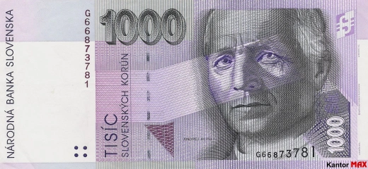 Przód wycofanego banknotu 1.000 koron słowackich emisja 1993-2007 rok