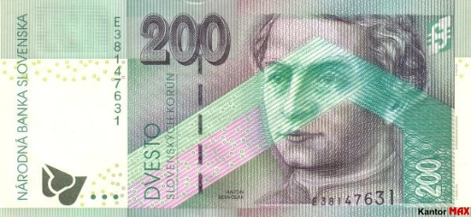 Przód wycofanego banknotu 200 koron słowackich emisja 1999-2006 rok