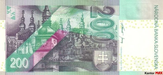 Tył wycofanego banknotu 200 koron słowackich emisja 1999-2006 rok