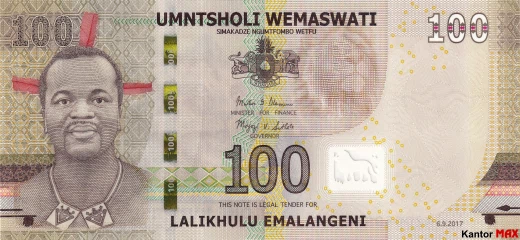 Przód banknotu 100 lilangeni 2017 r.