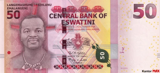 Przód banknotu 50 lilangeni 2018 r.