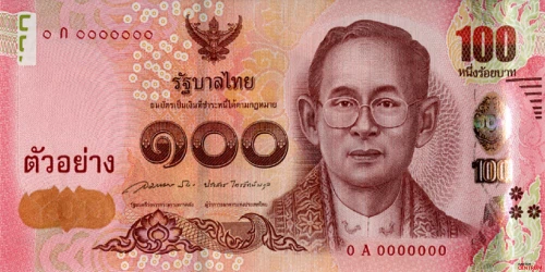 Przód banknotu 100 batów 16 seria edycja 2015 rok.