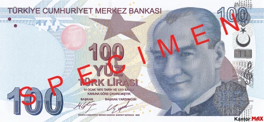 Przód banknotu 100 lir tureckich seria 3 z 2017 roku
