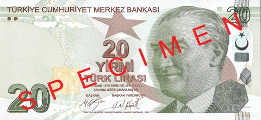 Przód banknotu 20 lir tureckich seria 3 z 2018 roku