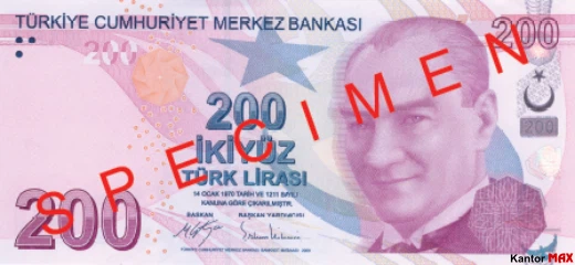 Przód banknotu 200 lir tureckich seria 3 z 2017 roku