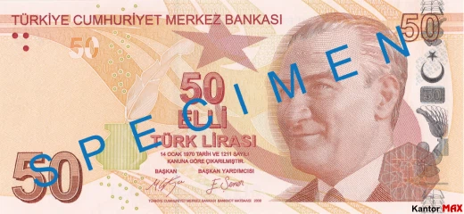 Przód banknotu 50 lir tureckich seria 3 z 2017 roku