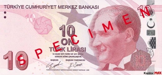 Przód banknotu 10 lir tureckich seria 4 edycja 2020 rok