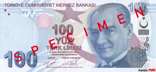Przód banknotu 100 lir tureckich seria 4 z 2020 roku