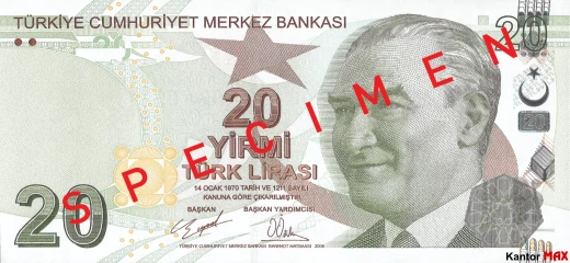 Przód banknotu 20 lir tureckich seria 4 z 2020 roku