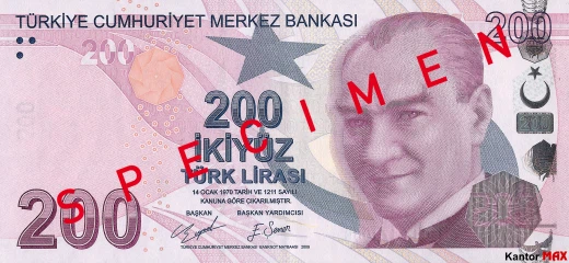 Przód banknotu 200 lir tureckich seria 4 z 2020 roku