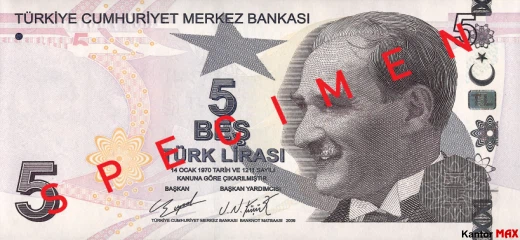 Przód banknotu 5 lir tureckich seria 4