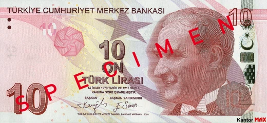 Przód banknotu 10 lir tureckich seria 5 edycja 2021 rok