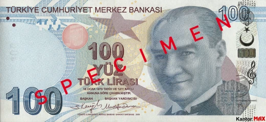 Przód banknotu 100 lir tureckich seria 5 z 2022 roku