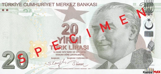 Przód banknotu 20 lir tureckich seria 5 z 2021 roku
