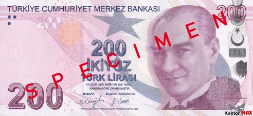 Przód banknotu 200 lir tureckich seria 5 z 2021 roku