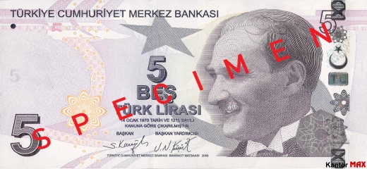 Przód banknotu 5 lir tureckich seria 5