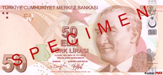 Przód banknotu 50 lir tureckich seria 5 z 2022 roku